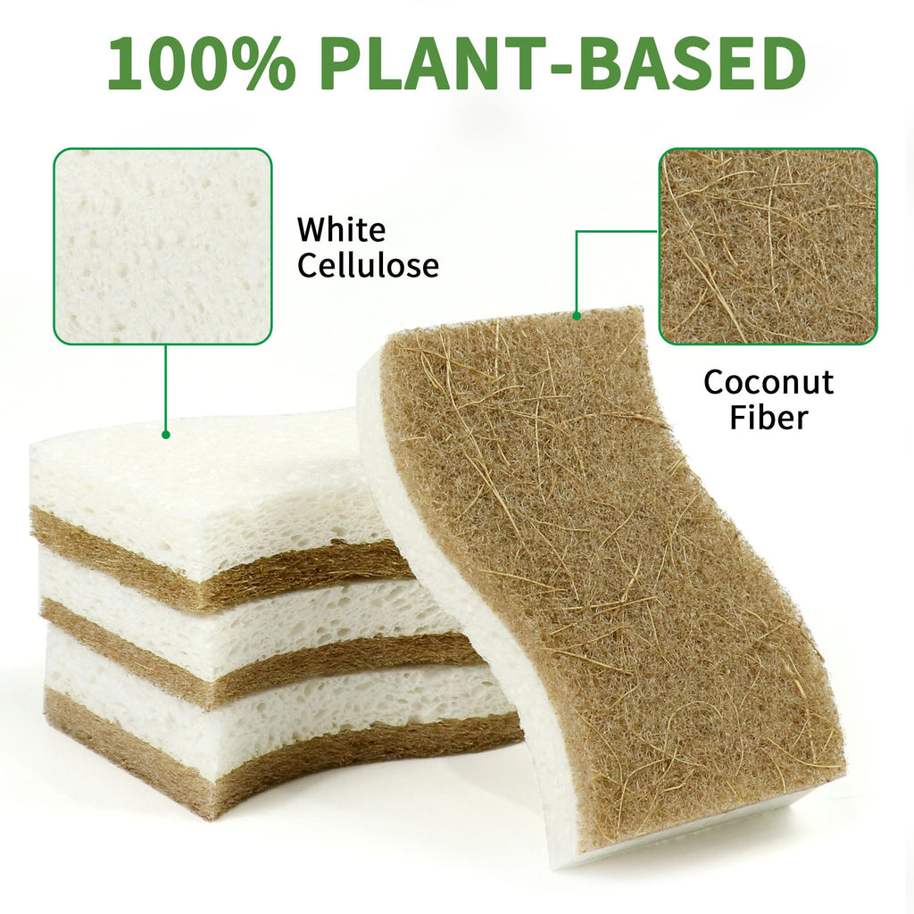 KICKLEEN 16 Pack Biodegradable Natural Kitchen Sponge - Compostable Cellulose and Coconut Walnut Scrubber Sponge - Eco Friendly Sustainable Sponges for Dishes