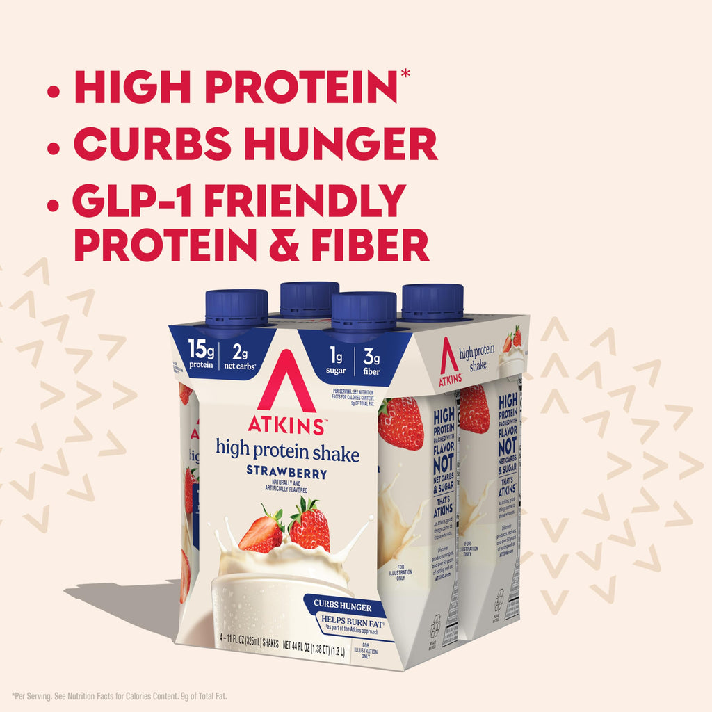 Atkins Strawberry Flavored Protein Shake, High Protein, Low Glycemic, Low Sugar and Low Carb, Keto Friendly, Gluten Free, 12 Count