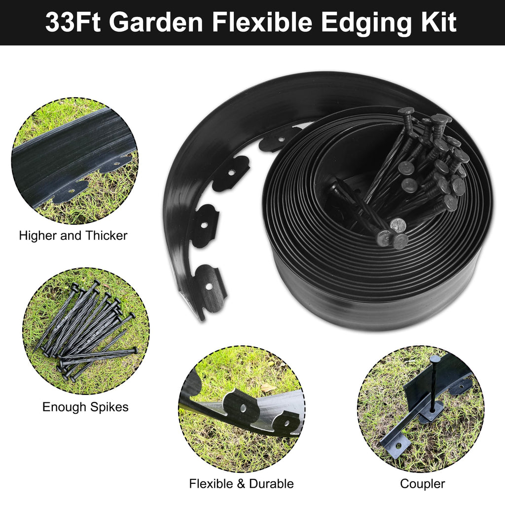 RLINGX Landscape Edging No Dig 4 inch Tall 33FT Garden Edging with 30 Spikes, Landscape Edging Border for Landscaping, Lawn, Flower Beds, Grass and Yard (4inch 33ft)