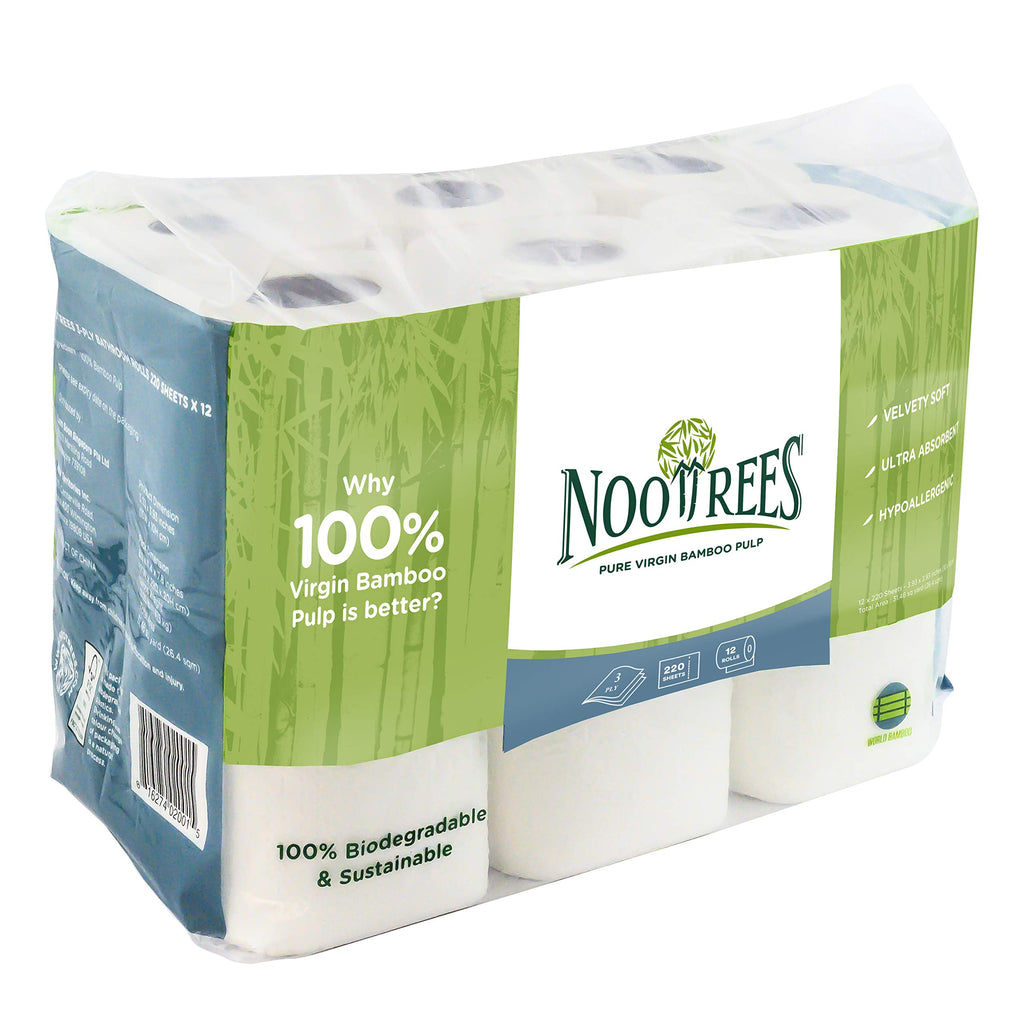 NooTrees Toilet Tissue, Tree Free, Biodegradable, Sustainable, Renewable and FSC Certified 3-ply Toilet Paper, 220 Sheets, 12 Rolls, Pack of 1