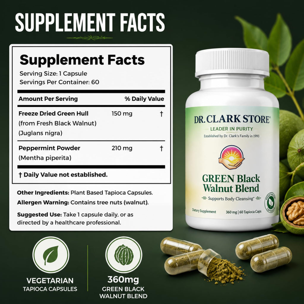 Dr Clark Store Green Black Walnut Blend 360mg, 60 Tapoica Capsules, 60 Day Supply, Freeze Dried Hull with Peppermint, Supports Healthy Intestinal Environment and Routine Wellness Cleansing, USA Made