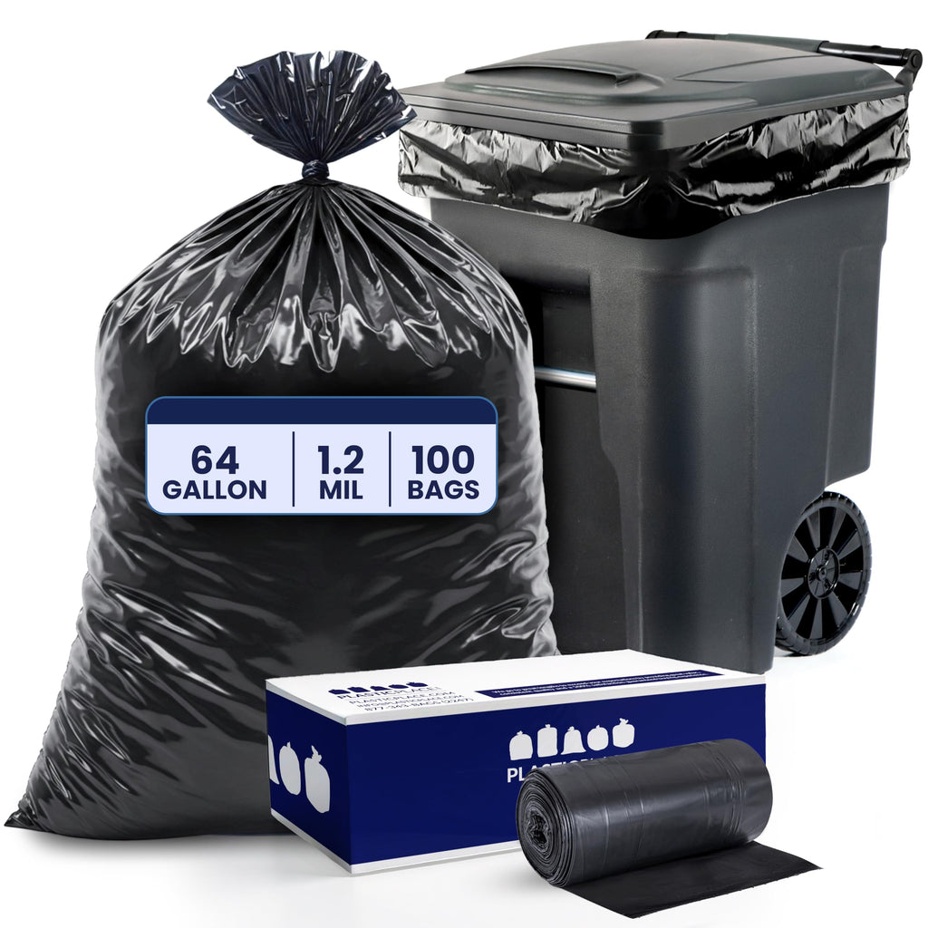 Plasticplace 64-65 Gallon Trash Can Liners for Toter │ 1.2 Mil │ Black Heavy Duty Garbage Bags │ Rolls │ 50” x 60” (100 Count)