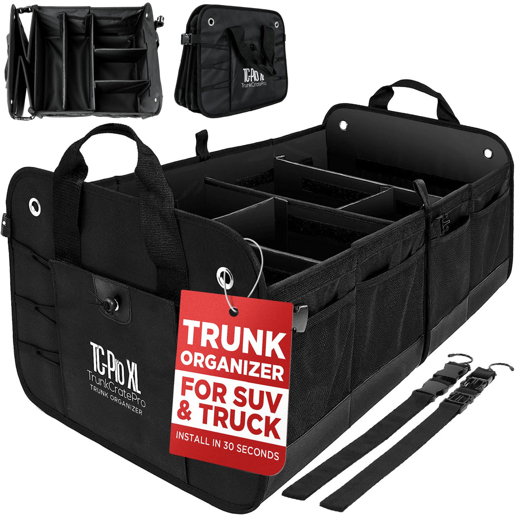 TRUNKCRATEPRO Extra Large Multi Compartments Collapsible Portable Trunk Organizer with Metal Hooks, Recommended for Really Large Loads Black Extra Large