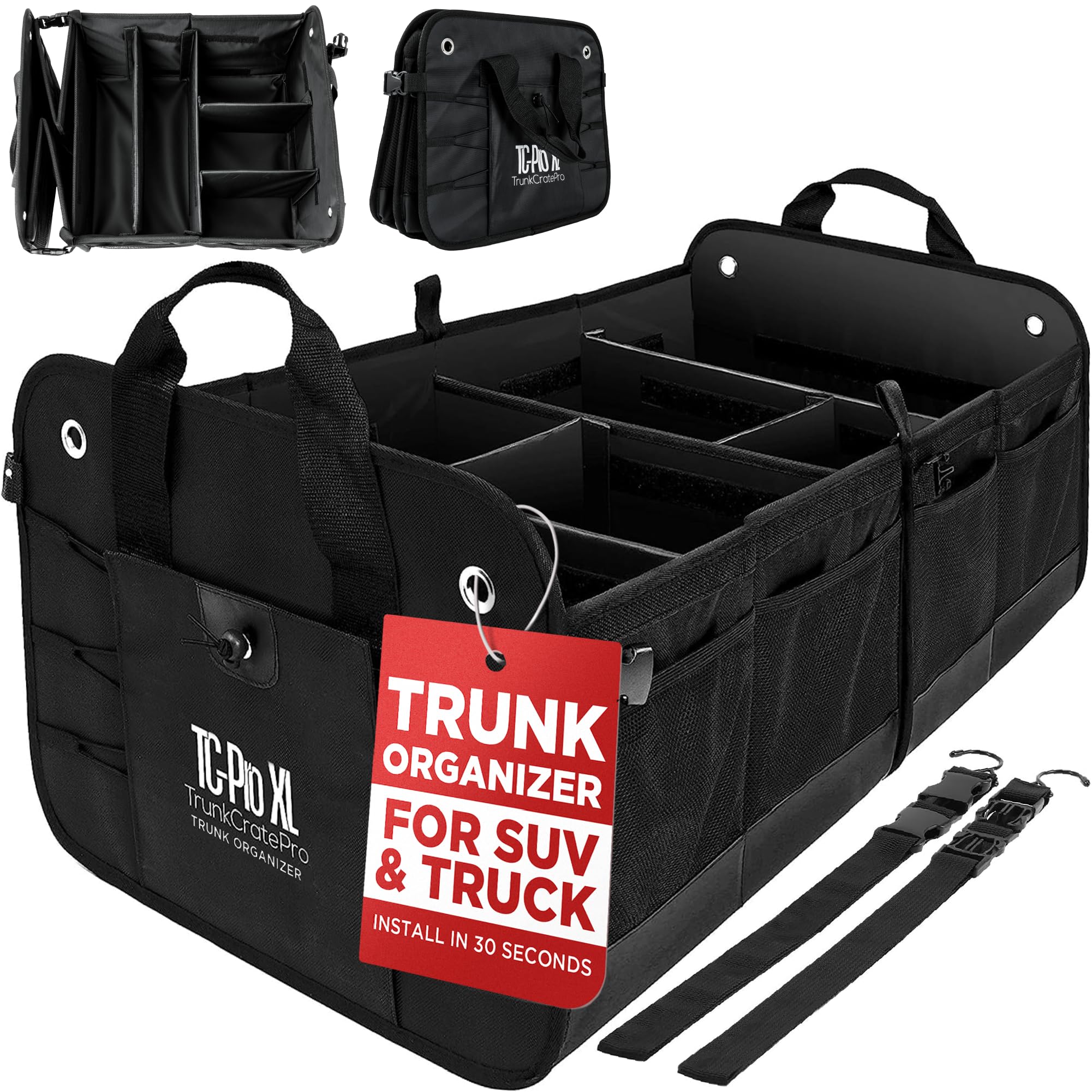 TRUNKCRATEPRO Extra Large Multi Compartments Collapsible Portable Trunk Organizer with Metal Hooks, Recommended for Really Large Loads Black Extra Large