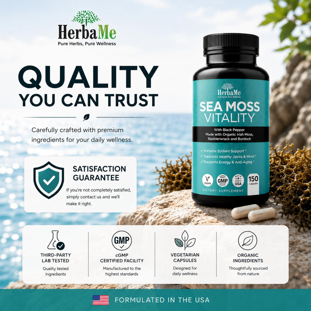 HerbaMe Organic Sea Moss Supplement with Bladderwrack & Burdock Root, Irish Moss with Black Pepper Extract, Daily Mineral Support for Energy & Wellness, Immune Support for Men & Women, 150 Capsules