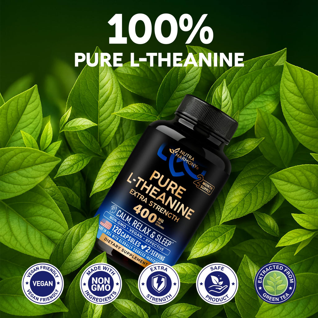 L Theanine 400 mg | L-Theanine Stress Relief | Extra Strength Supplement | Made in USA | Relaxation, Sleep & Calm Support | For Men & Women | Plant Based, Non-GMO & Gluten-Free | 120 Vegan Capsules