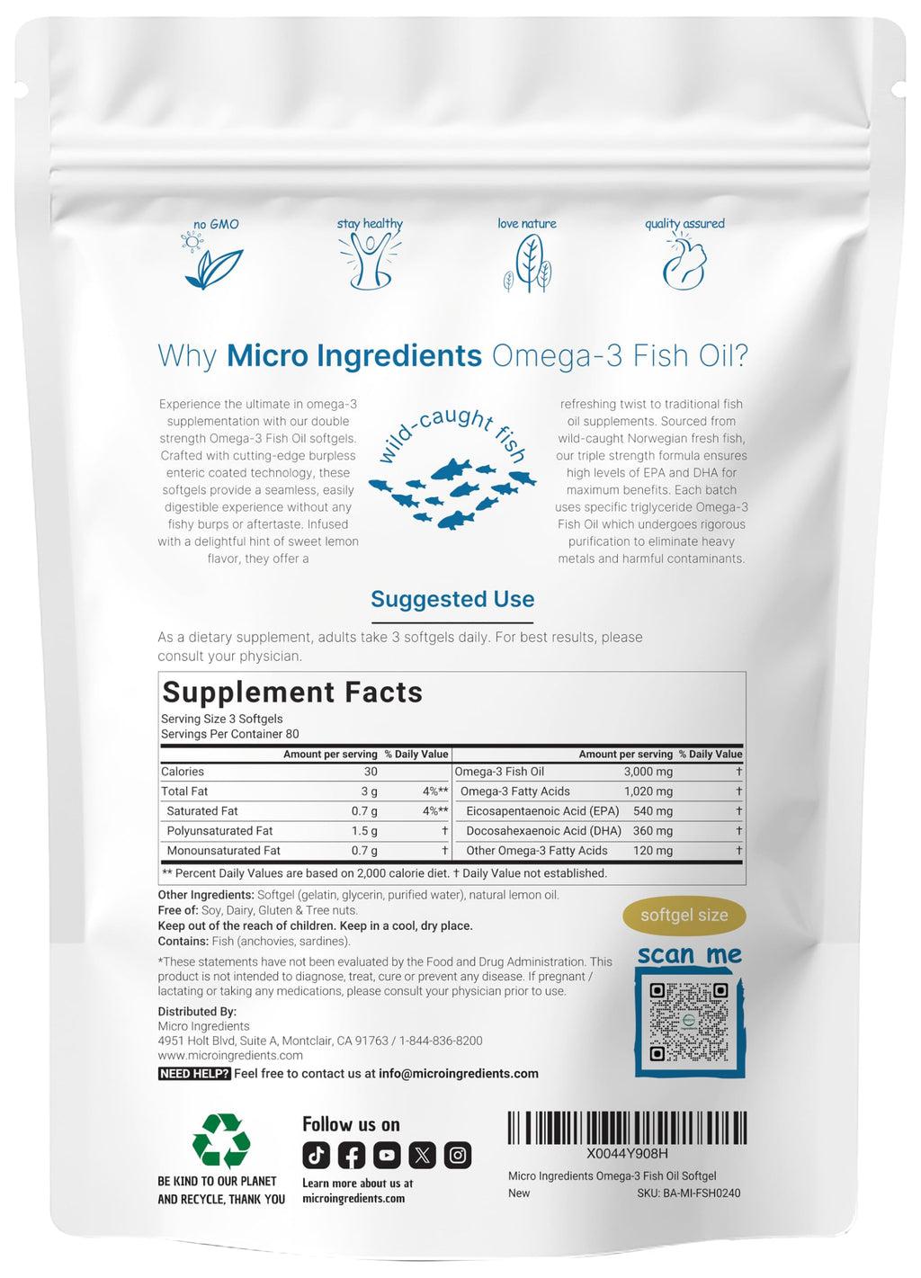 Micro Ingredients Omega 3 Fish Oil Supplements 3,000mg Per Serving, 240 Softgels | Lemon Flavored – Burpless | EPA 540mg + DHA 360mg | Deep Sea Fish