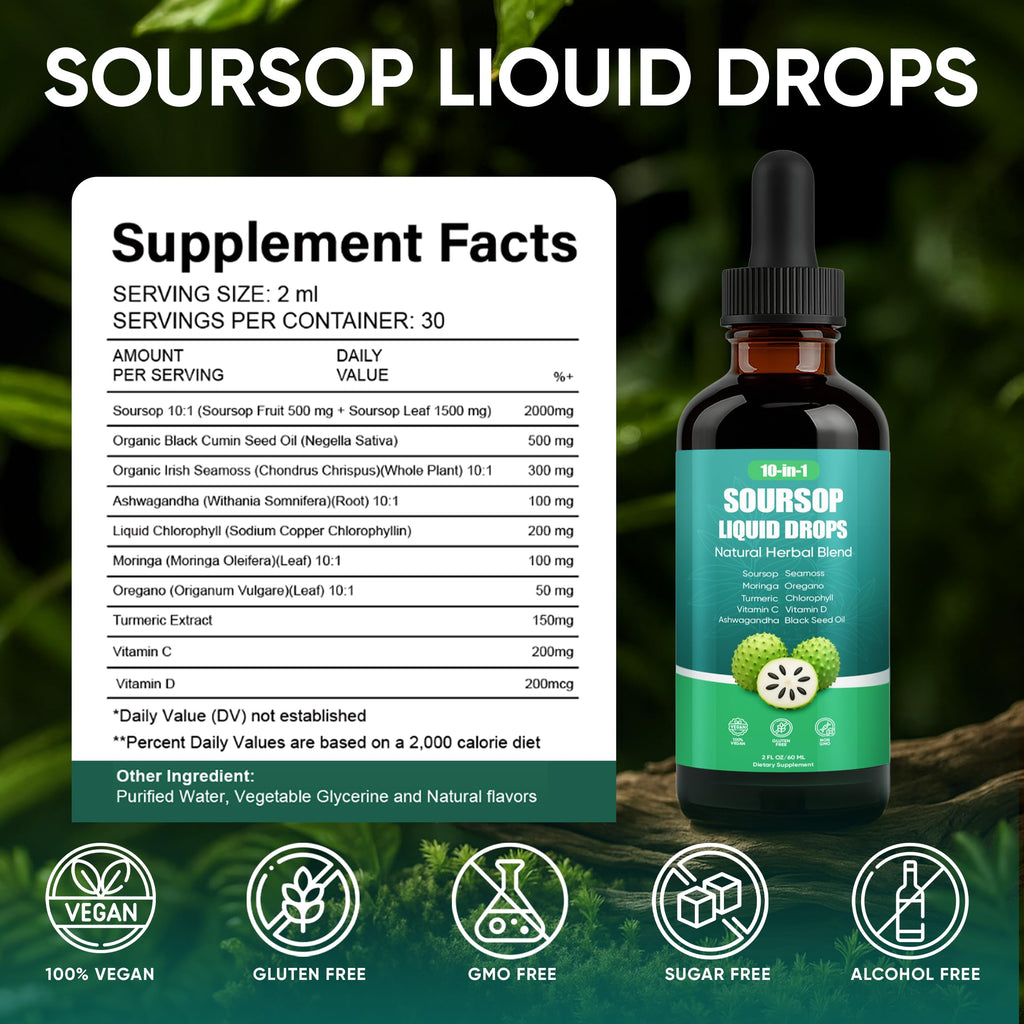 Soursop Drops, 10-in-1 Soursop Liquid Drops with Sea Moss, Moringa, Turmeric, Black Seed Oil, Oregano, Ashwagandha, Immune & Energy Support | Improving Gut Health | Heart Health, Vegan, 2 fl oz (2)