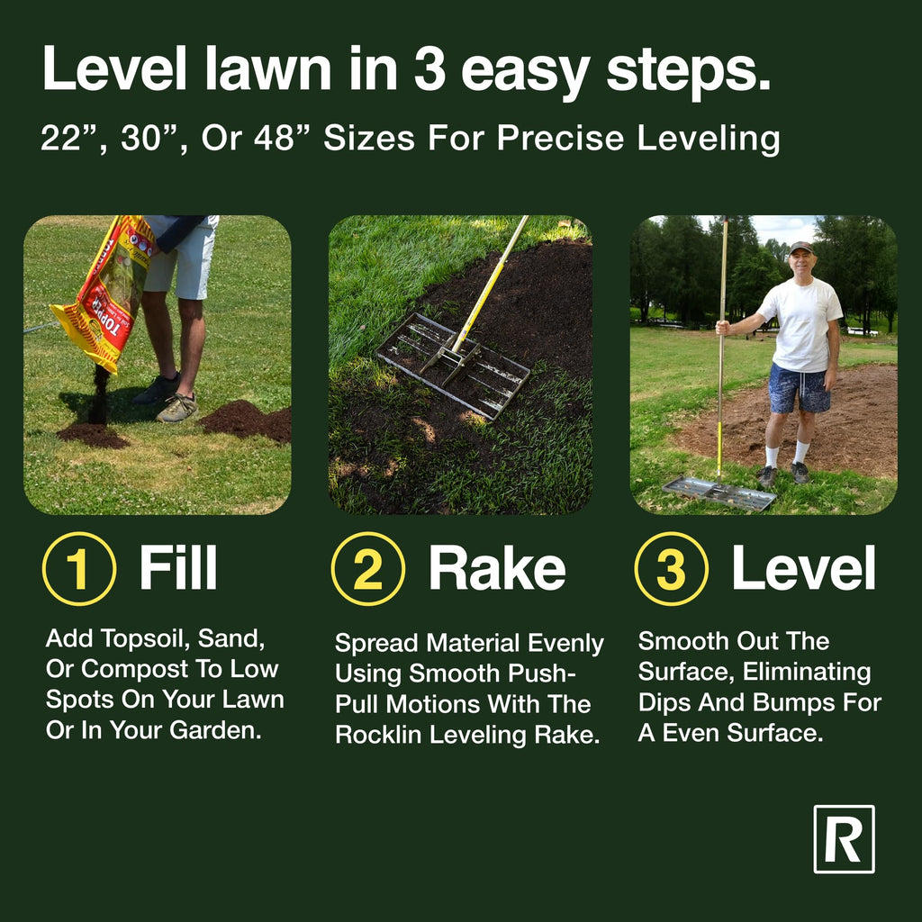 Rocklin™ Lawn Leveling Rake – 22” x 10” Stainless Steel Leveling Tool with 78” Handle | Smooth & Level Soil, Sand or Grass | Durable Leveling Tool for Lawn, Yard and Garden