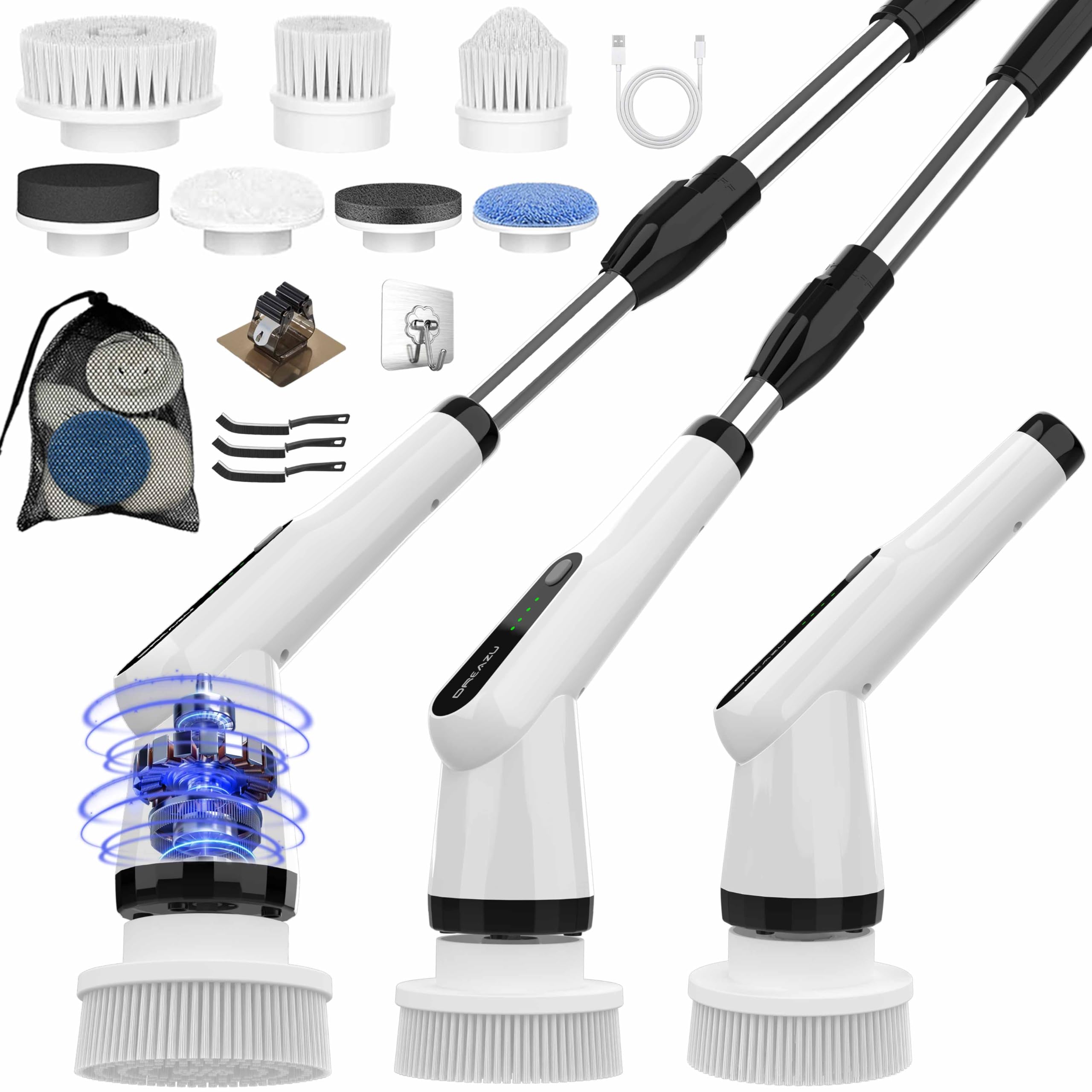 Electric Spin Scrubber, 10-in-1 Shower Scrubber & Retractable Long Handle, 44 lbs High-Torque & Variable Speed Shower Cleaning Brush for Bathroom,Toilet, Bathtub, Kitchen, Tile Floors