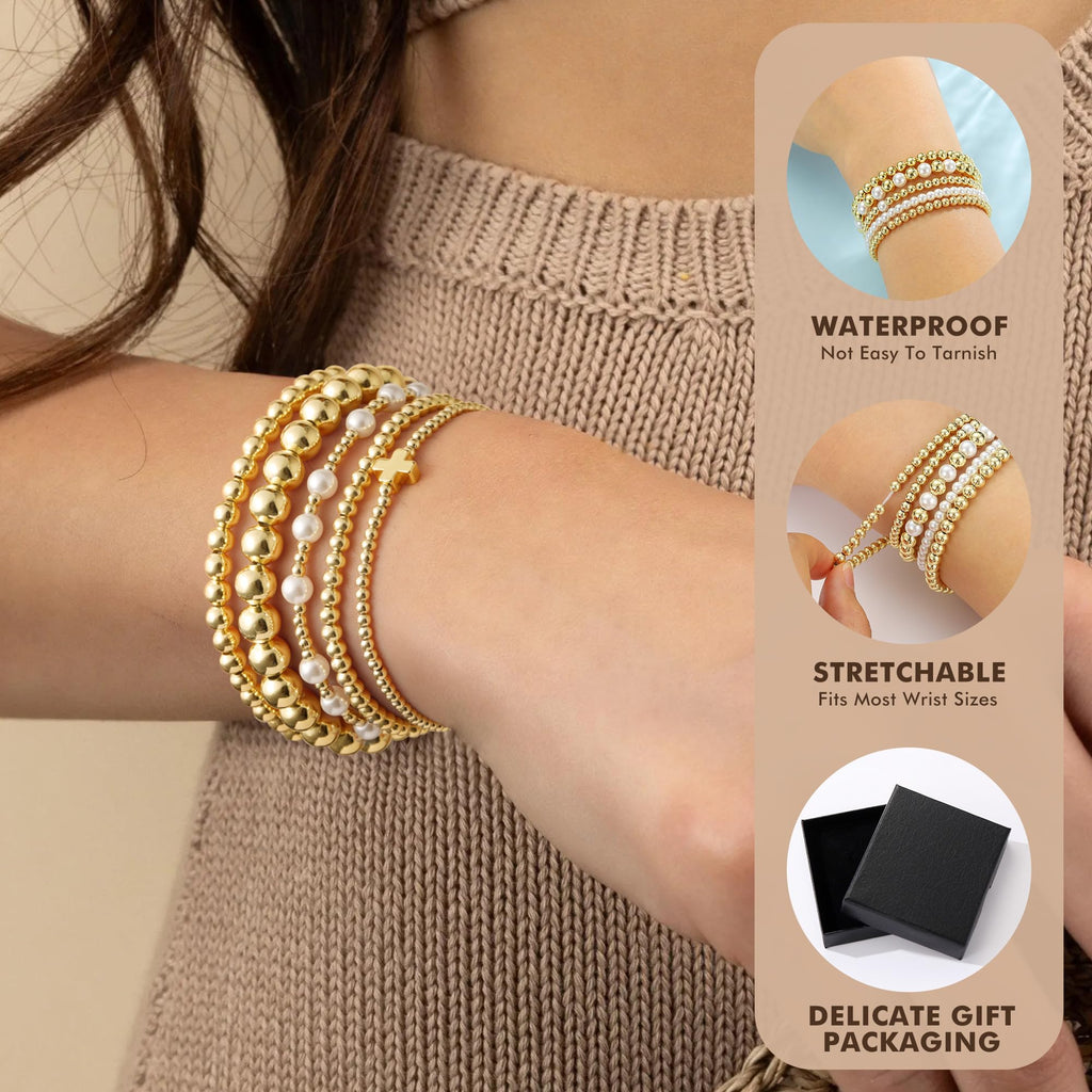 Yoosteel Gold Beaded Bracelets for Women Teen Girls, Gold Plated Jewelry