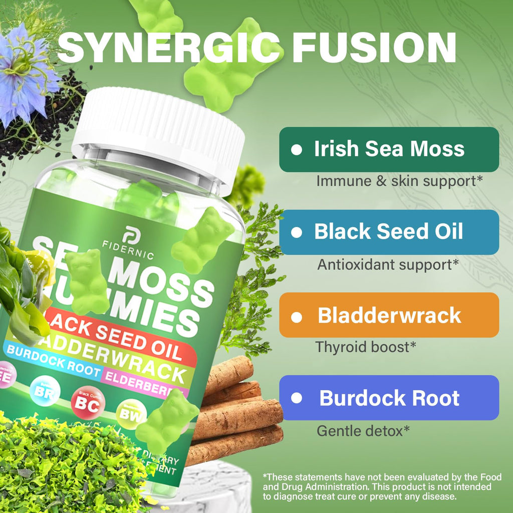 Sea Moss Gummies – Irish Sea Moss with Elderberry & Black Seed Oil, Bladderwrack, Burdock Root for Immune & Detox Support, Vegan Green Apple Flavor Gummies for Adults, Kids, Men, Women - 120 Gummies