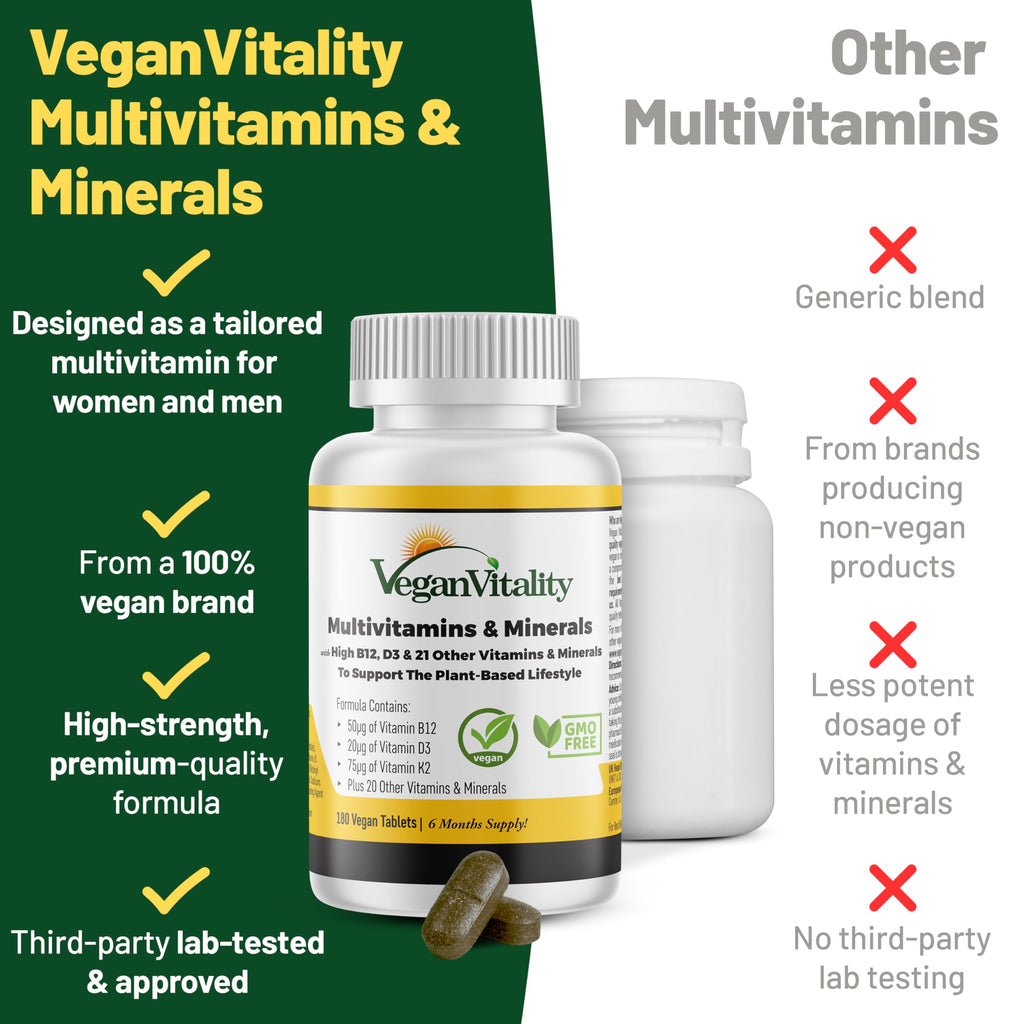 Vegan Vitality Multivitamins & Minerals for Women and Men with High Strength Vitamin B12, D3 & K2. 180 Vegan Multivitamin Tablets - 6 Months Supply. Vitamins for Vegans. Women Multivitamin