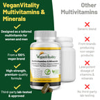 Vegan Vitality Multivitamins & Minerals for Women and Men with High Strength Vitamin B12, D3 & K2. 180 Vegan Multivitamin Tablets - 6 Months Supply. Vitamins for Vegans. Women Multivitamin