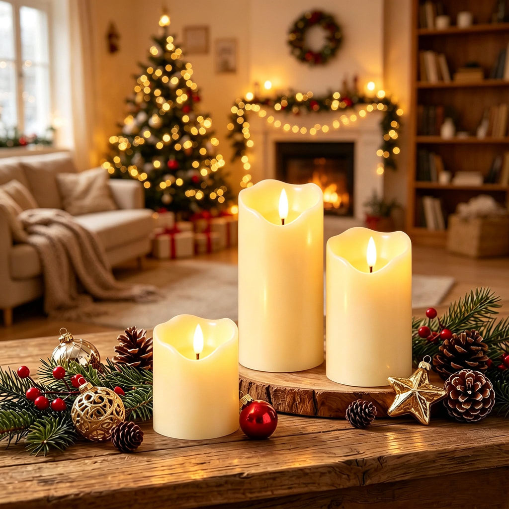 VIEWELLD Flickering Flameless Candles with Remote and Timer, Realistic LED Candles, Battery Operated Candles for Christmas Home Wedding Birthday Decoration, Real Wax Set of 3(Ivory White)