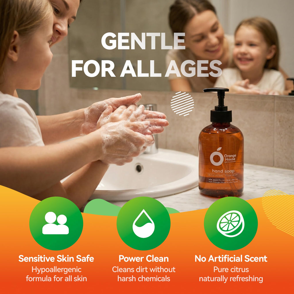ORANGE HOUSE Natural Liquid Hand Soap, Food-Grade Orange Oil Moisturizing Hand Wash, Plant-Based & Hypoallergenic, Gentle for Sensitive Skin, Non-Toxic Citrus Scented Soap, 12 Fl Oz (6 Pack)
