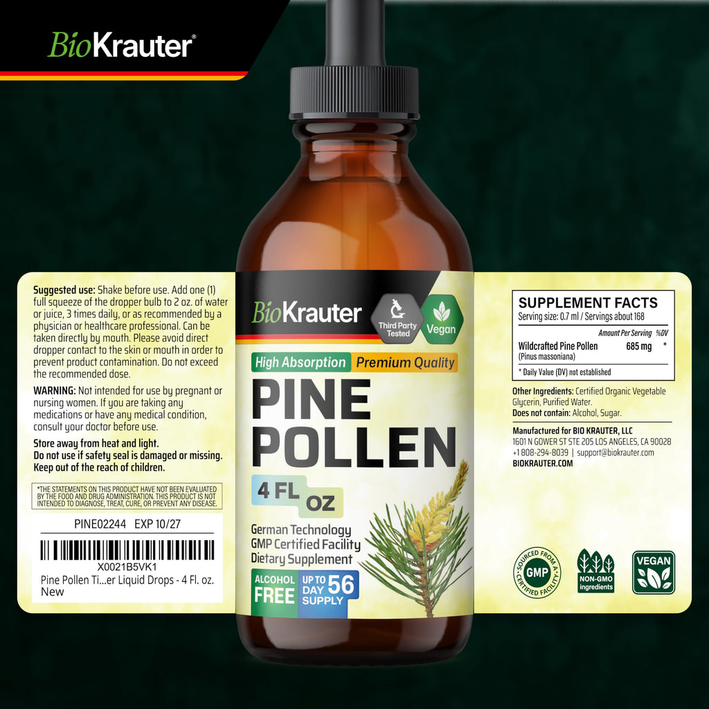 BIO KRAUTER® Pine Pollen for Men's Support - Pure & Vegan Pine Pollen Tincture 685 mg per Serving 4 Fl.Oz 56-Day Supply - Immune Support Supplement & Antioxidants - Alcohol & Sugar Free