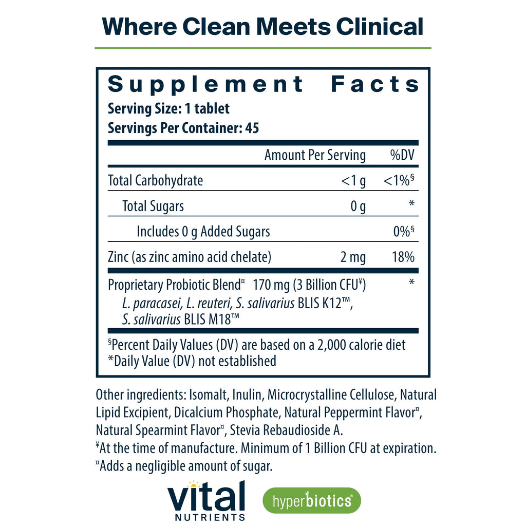 Hyperbiotics Vital Nutrients Pro Dental Probiotic | Clinically Studied BLIS K12 and M18 | Oral Probiotics for Bad Breath treatment for adults | Oral Health for teeth and gums | 45 Mint Tablets