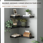 fuqing Corner Floating Shelves for Storage, Set of 3, Solid Wood, Wall Mount Wooden Display Shelf for Bathroom Bedroom Kitchen Garage, Black