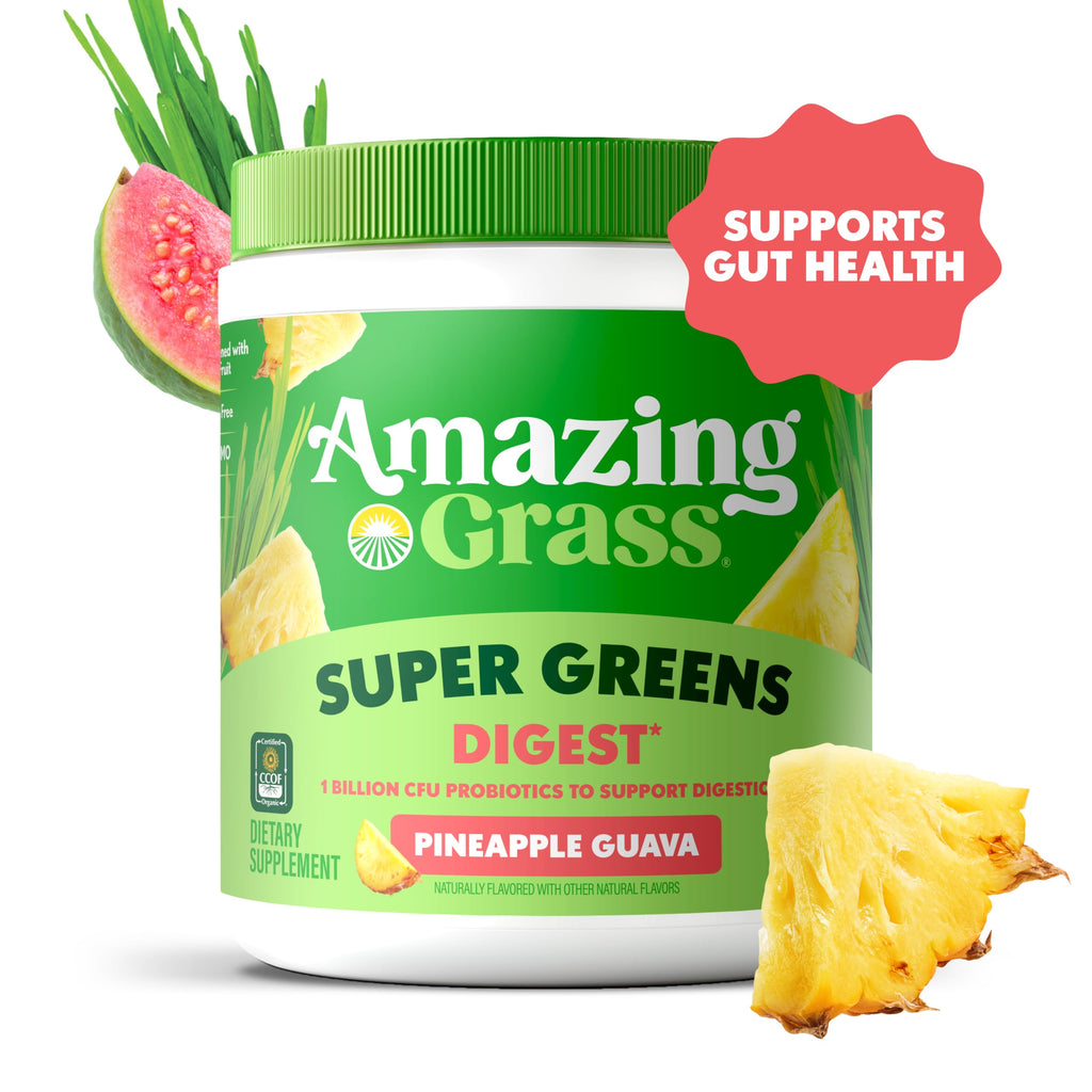 Amazing Grass Super Greens Powder Digest, Organic Greens Blend Smoothie Mix, Digestion Support, Spirulina, Chlorella, Probiotic Drink Mix, Pineapple Guava, 30 Servings, 7.4 Ounce (Packaging May Vary)