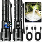 WdtPro Rechargeable Flashlights 2 Pack, Super Bright LED High Lumens Tactical Flash Light with LCD Battery Display, Zoomable 3 Modes, Powerful Handheld Flashlights for Home Emergencies Camping Outdoor