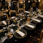 350 Pieces Black and Gold Plastic Plates with Disposable Silverware, Include 50 Dinner Plates 9”, 50 Dessert Plates 6.3”, 50 Black Cups 9 OZ, 50 Pre Rolled Napkins for Wedding/Party/Birthday/Halloween