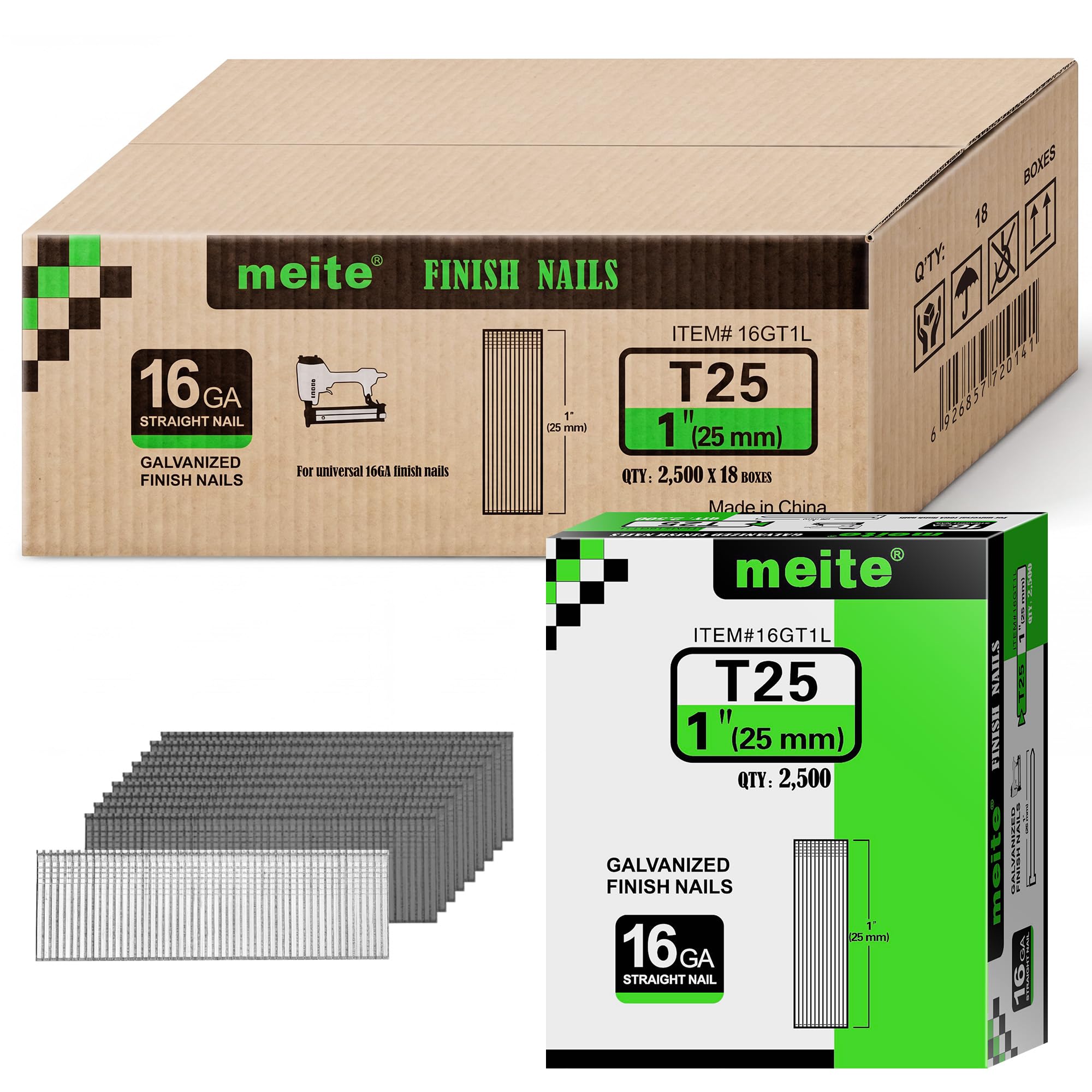 meite 16 Gauge Finish Nails 1-3/4 Inch Galvanized Straight T-Nail 30,000PCS