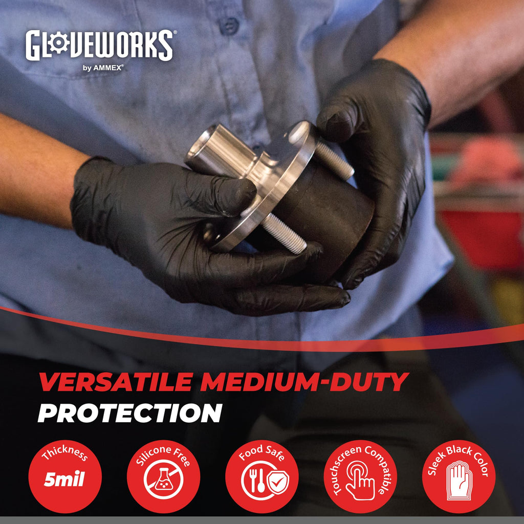 GLOVEWORKS Black Nitrile Gloves 5 Mil Disposable for Food Service, Cooking, Professional Cleaning, Size XL, 3 Boxes of 100
