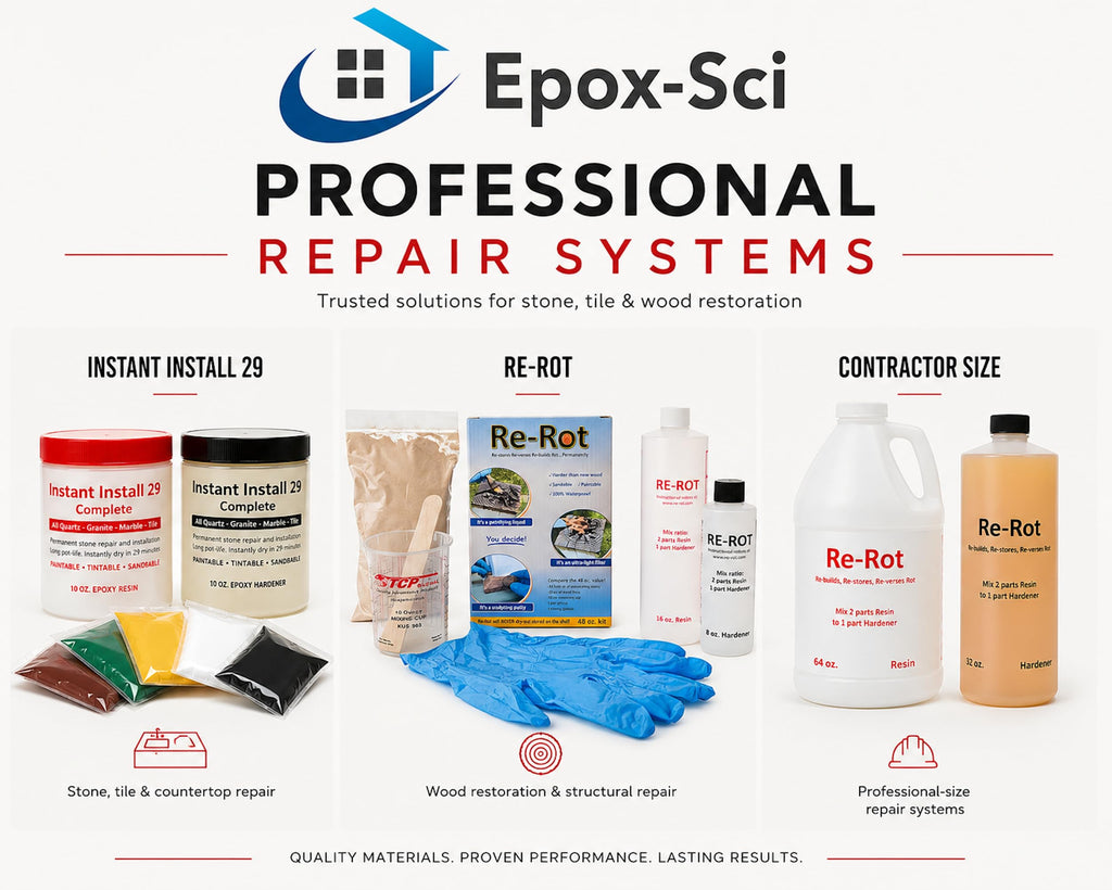 Instant Install 29 Complete - 4 oz Epoxy Permanent Repair Kit with EZ-Tint 10 g 5-Pack, Mixing Sticks, Razor, & Shaping Strip - Granite, Marble, & Tile - Rebonds & Rebuilds - Dry in 29 Minutes