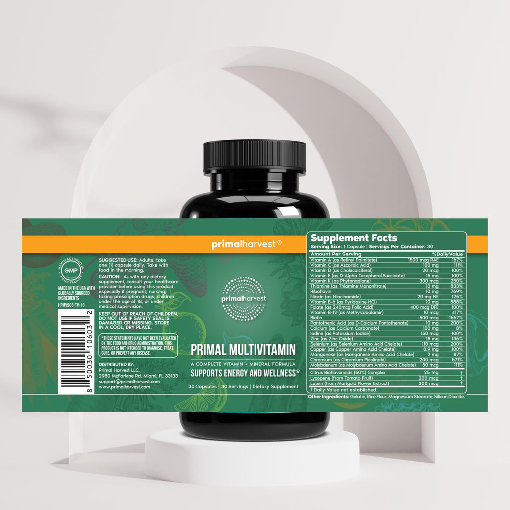 Primal Harvest Primal Multivitamin - Daily Multi-Vitamin Supplement with 21 Essential Vitamins & Minerals for Women & Men - Vitamin A, C, D, E, B12, B6, Biotin, Folic Acid, Zinc, Copper & Selenium