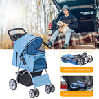 Epetlover 4 Wheels Dog Stroller Folding Pet Strolling Cart for Small Medium Cats Puppies Portable Jogger Travel Camping Puppy Carrier with Storage Basket Cup Holder, Blue