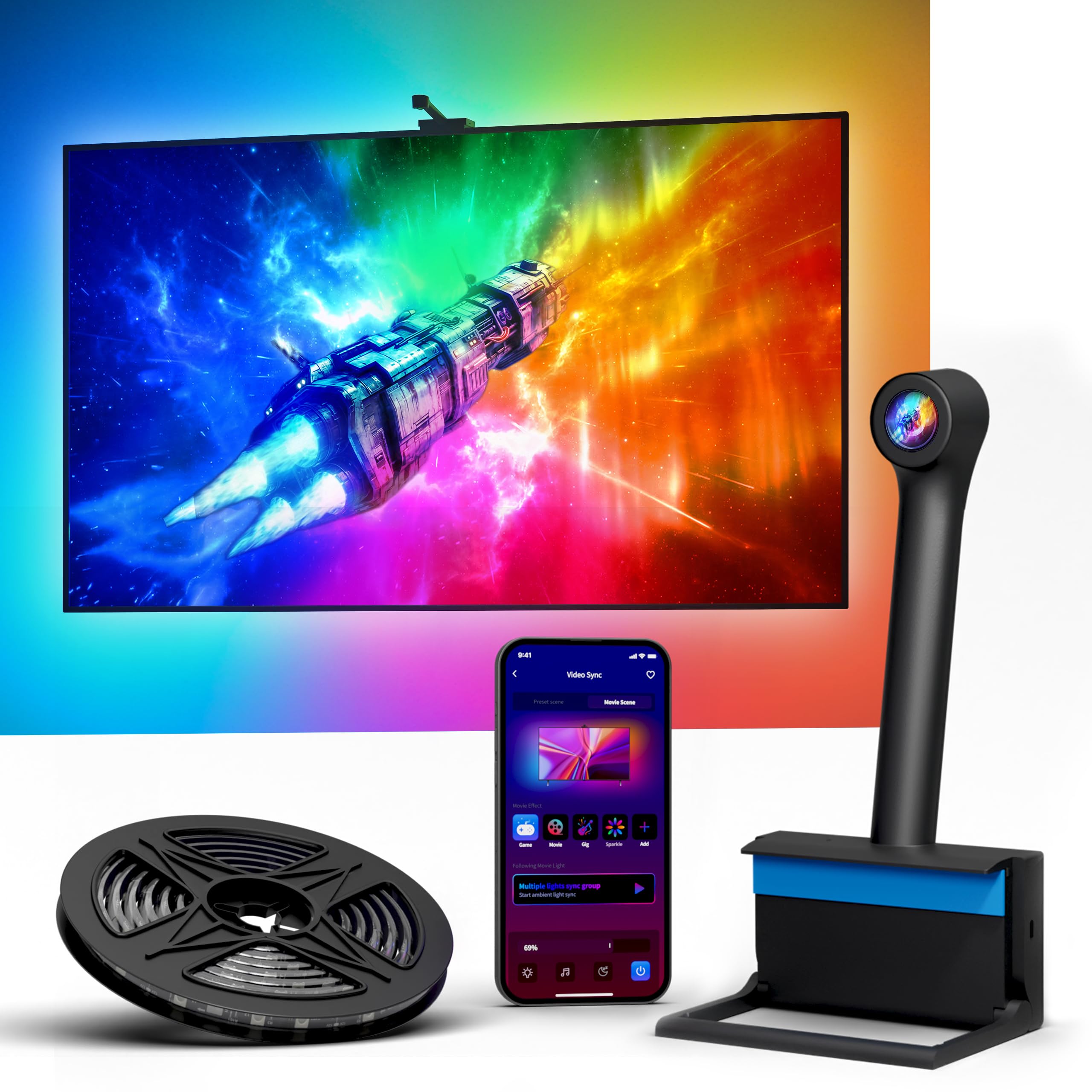 Ailofy Smart TV LED Backlight with Camera for 75-85 inch Screens, 16.4ft LED Strip Lights Sync to Screen& Music, Color Changing Lights for TV Compatible with Alexa & Google Assistant, App Control