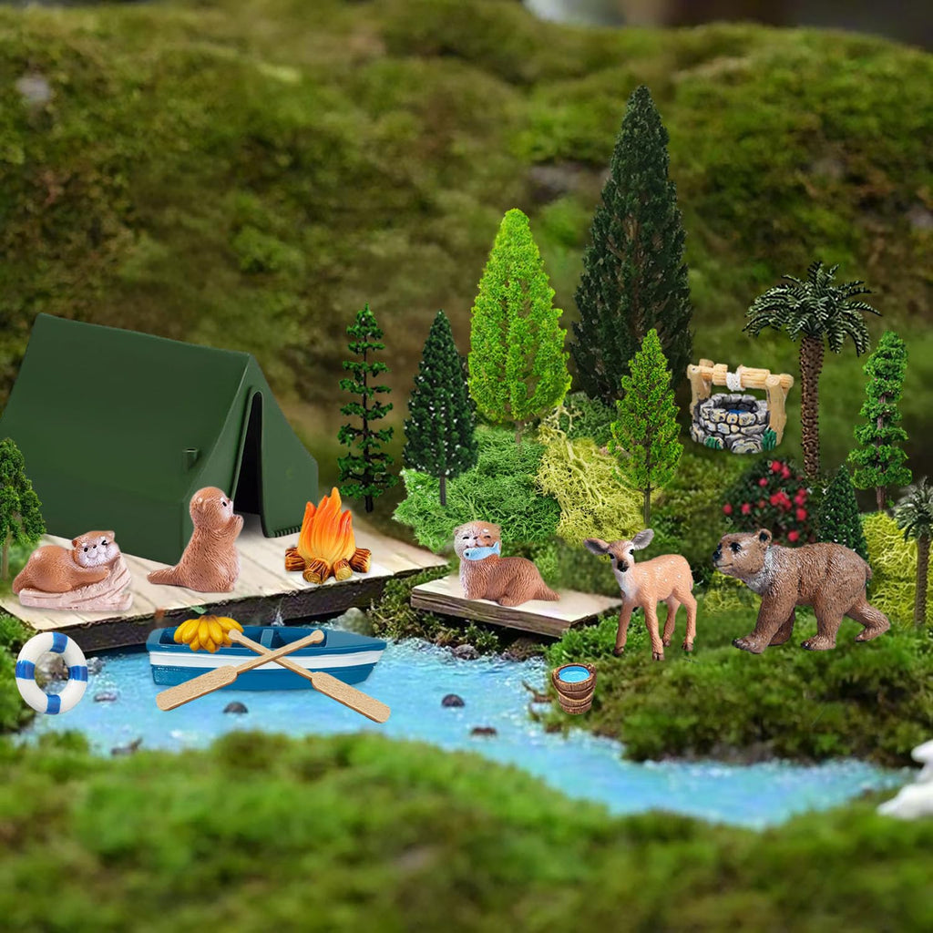 QuarenDen Miniature Garden Accessories, 32 Pcs, Model Scenery Kit, Forest Animal Figures with Model Trees Craft Grass for DIY Crafts, Micro Landscape Decoration