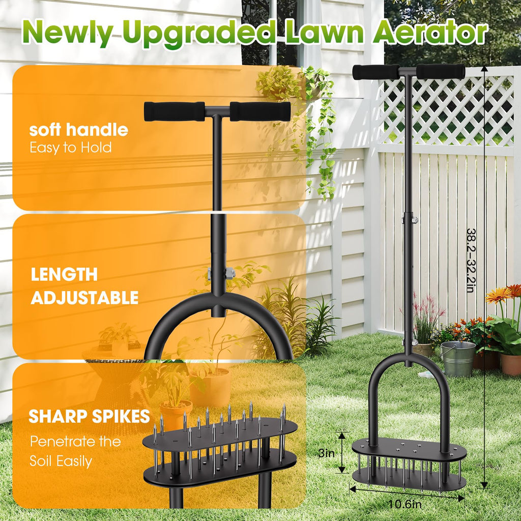 seasky Lawn Aerator, Manual Lawn Aerator Tool with Padded T-Handle, Wide Foot Plate & 15-3 Inch Solid Steel Spikes, Dual-Layer Design for Effortless Aeration in Lawn, Yard and Garden Soil