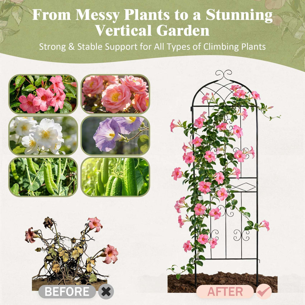 HIHADUUM 2 Pack 70.8" H x 19.7" W Arched Metal Garden Trellis for Climbing Plants Outdoor - Tall Rust-Resistant Decorative Climbing Rose Trellis Perfect for Roses, Vines, Vegetables, Flowers, Black
