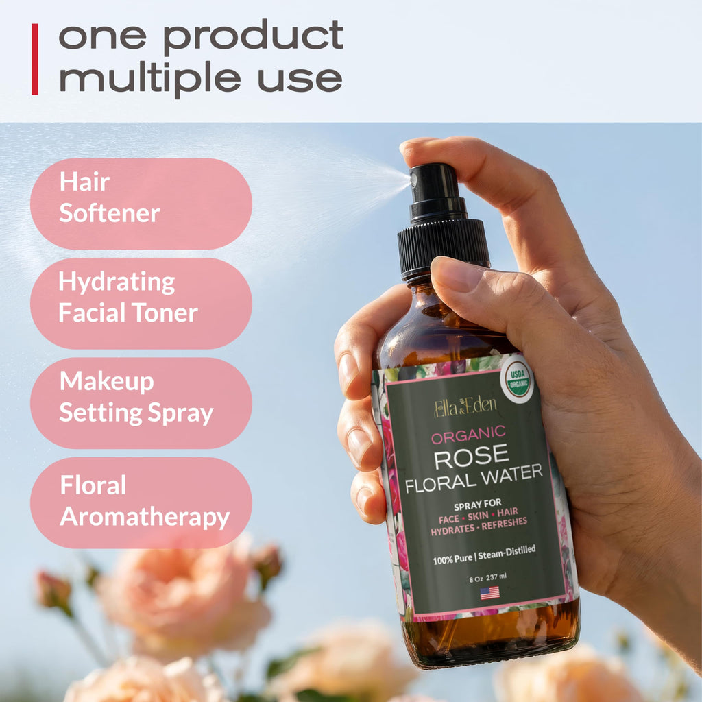 Ella & Eden 100% Pure Organic Rose Water Spray for Face, for Hair - 8oz, Alcohol-Free, No additives - USDA Organic, Steam-Distilled - Refreshing, Hydrating, Glass Bottle