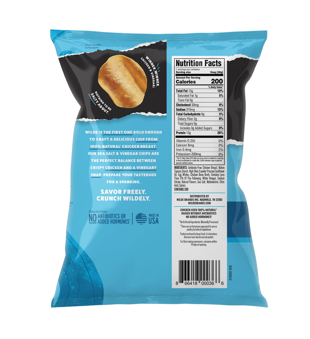 WILDE Protein Chips, High Protein Snacks for Adults, Keto Chips, Gluten Free, Low Carb Snack Box Made with Real Ingredients 1.34oz Bags, Pack of 12, Sea Salt & Vinegar