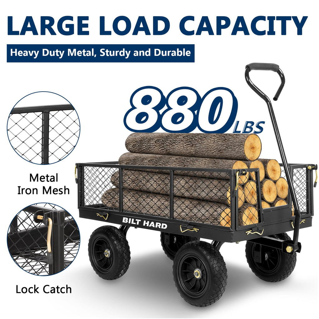 BILT HARD 10" Flat Free Tires Heavy Duty Garden Cart with 180° Rotating Handle and Removable Sides, 4 Cu.Ft 400 lbs Capacity Utility Steel Wagons for Outdoor