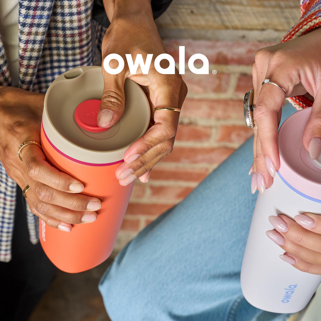Owala SmoothSip Slider Insulated Stainless Steel Coffee Tumbler, Reusable Iced Coffee Cup, Hot Coffee Travel Mug, BPA Free 20 oz, Grey/Blue (High Dive)