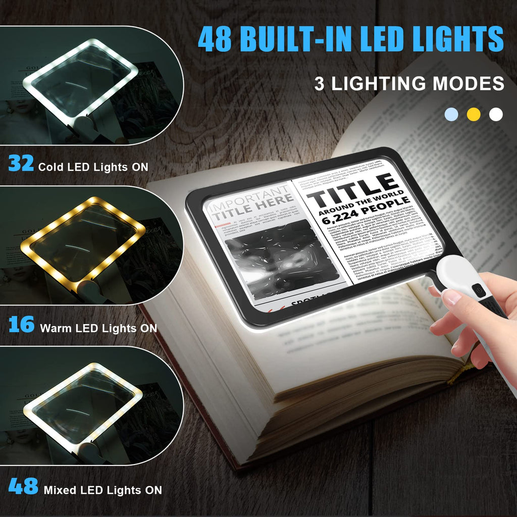 5X Handheld Magnifier for Page Reading - Large Folding Lighted Magnifier with 48 LED Lights (3Modes), Rectangular Handhold Magnify Lens Gifts for Reading Small Prints, Low Vision, Seniors