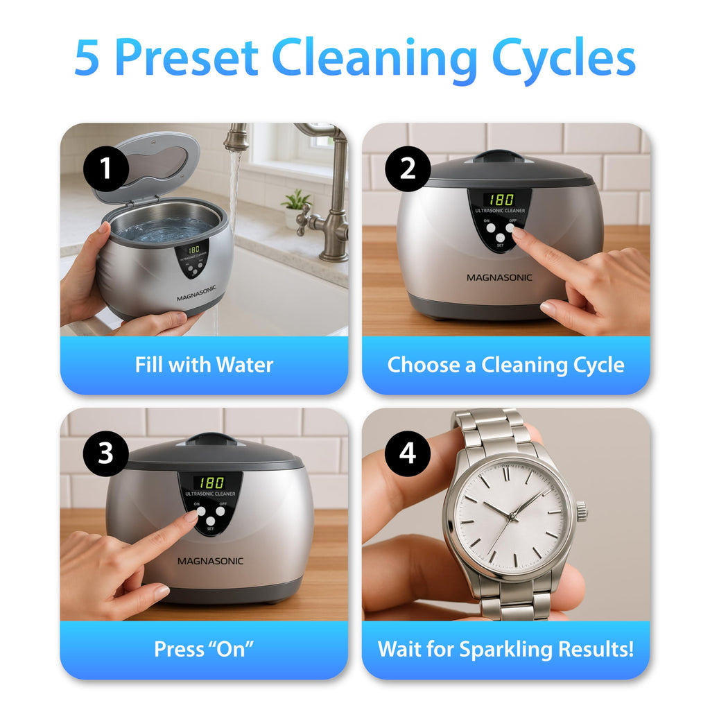 Magnasonic Ultrasonic Cleaner - 20oz Stainless Steel Tank, Digital Timer, 5 Cleaning Modes, Ultrasonic Jewelry Cleaner for All Jewelry, Eyeglasses, Watches, Dentures, Retainers & More