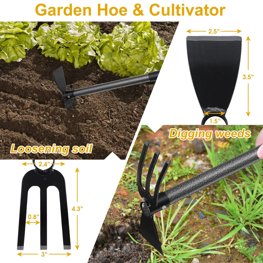 Hoe and Cultivator - 60” Long Handle - Heavy Duty Garden Hoe Tiller, Standing Hoe Garden Tools Durable Cultivator Hoes Hand Rake Fork for Gardening Weeding Planting Loosening Soil
