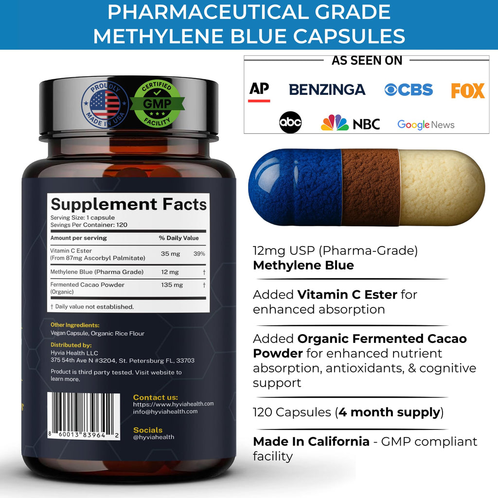 Methylene Blue Capsules - USP Pharmaceutical Grade Supplement For Humans - 120ct w/ Added Vitamin C For Enhanced Absorption - Helps Support Cognitive Energy, Brain Fog, & Mental Clarity | Made In USA