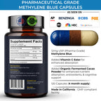 Methylene Blue Capsules - USP Pharmaceutical Grade Supplement For Humans - 120ct w/ Added Vitamin C For Enhanced Absorption - Helps Support Cognitive Energy, Brain Fog, & Mental Clarity | Made In USA
