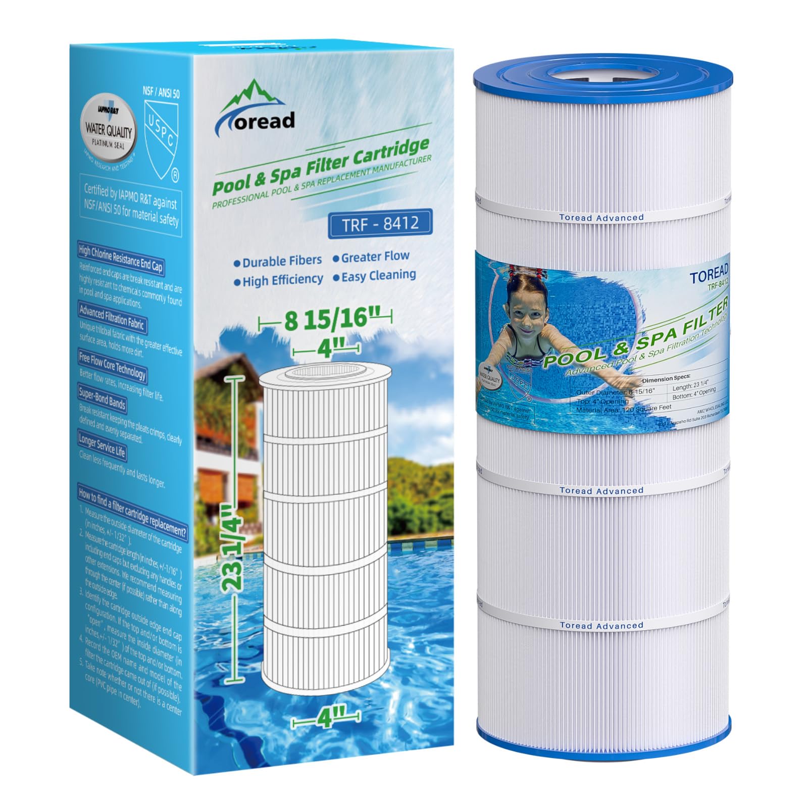 TOREAD PA120 Pool Filter Replacement for Ultra-B2, CX1200RE, C1200, Unicel C-8412, Filbur FC-1293, Waterway Clearwater II, Pro Clean 125, 817-0125N, Aladdin 22002, L x OD:23 1/4"x 8 15/16"