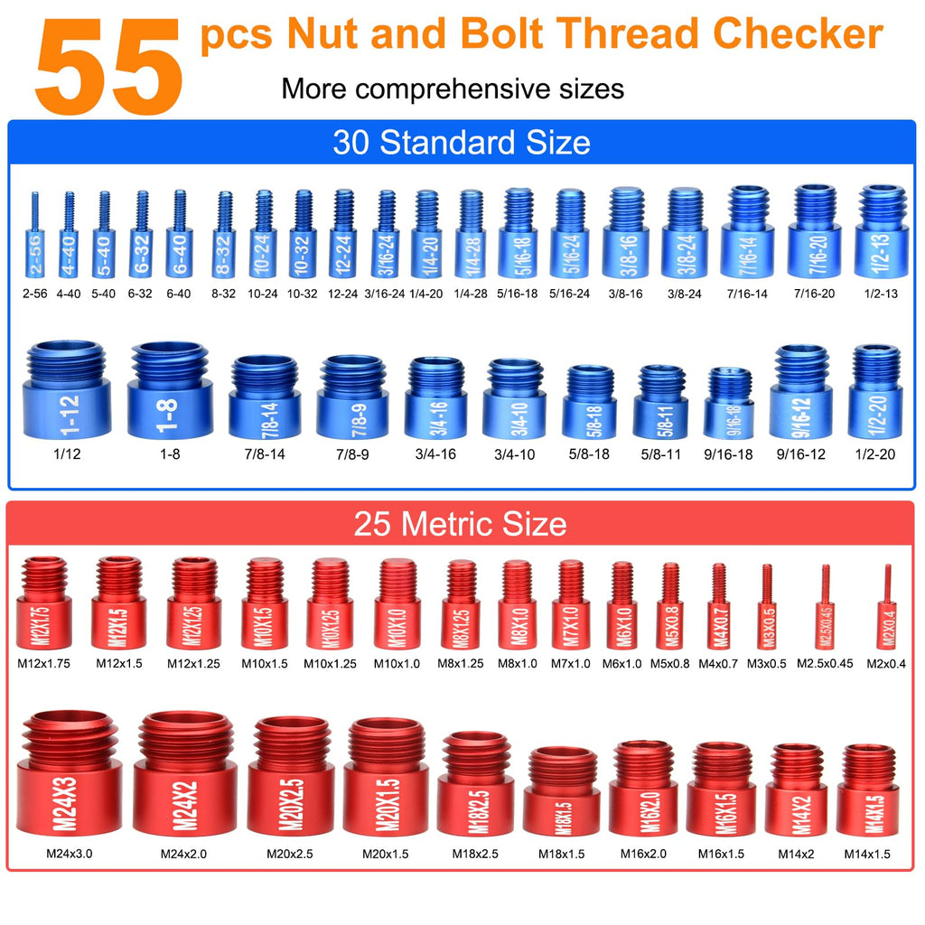 55 Pcs Nut and Bolt Thread Checker (25 Metric & 30 Standard), Bolts and Nut Identifier Thread Gauge, Detachable Bolt Size Finder Especially for Tight Spaces