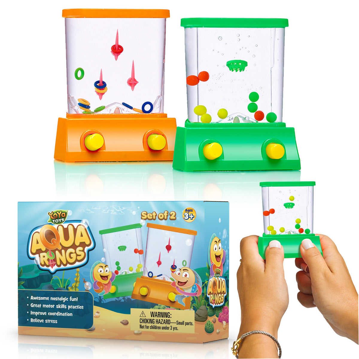 YoYa Toys Aqua Rings Handheld Water Game - Set of 2 - Water Ring Toss and Basketball Hoop Toy - Gift for Ages 3 4 5 6 7 8 9 - Nostalgic 80's 90's Retro Mini Games - Fun Car Road Trip Travel Activities