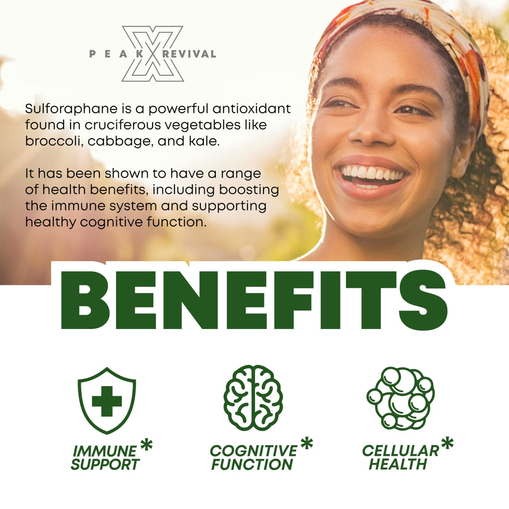 Peak Revival-X 5000mcg of Real Lab-Verified Sulforaphane Supplement - Broccoli Seed Extract 50mg Supplements - Promotes Cognitive Function, Liver & Cellular Support - 60 Vegan Capsules/Pills