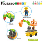 PicassoTiles Magnet Tiles Building Block 2-in-1 Excavator & Backhoe Brick Compatible Construction Playset with Car Base Magnetic Character Action Figure STEM Educational Learning Toy Kit Age 3+ PTU04