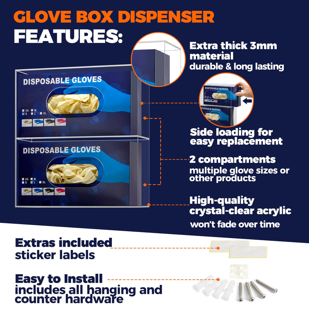 Double Glove Box Holder Wall Mount Glove Dispenser - Disposable Glove Holder Wall Mount Glove Station for Medical Gloves, Multipurpose Kitchen Gloves Holder - Includes Hanging Hardware
